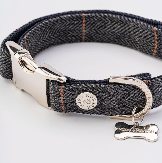 GRAY NAVY CHECKED TWEED DOG COLLAR DUKE DUCHESS