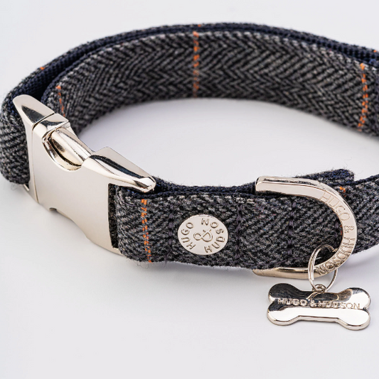 Grey and navy checked tweed dog collar