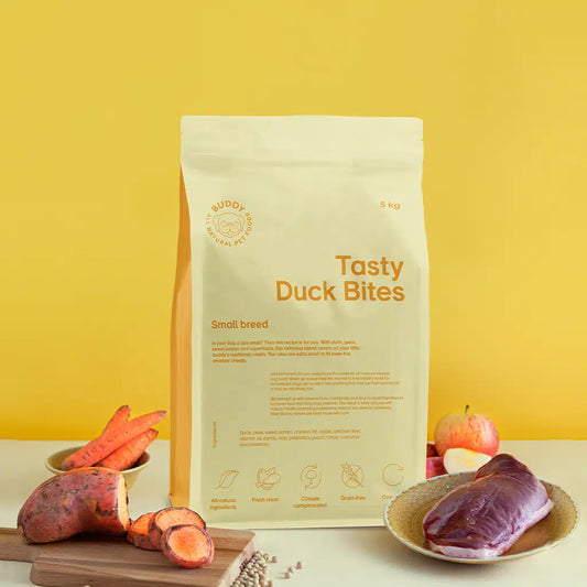 Buddy Pet Foods - Tasty duck bites - naturlig og næringsrikt hundefôr for små hunder og hunder med tannproblemer