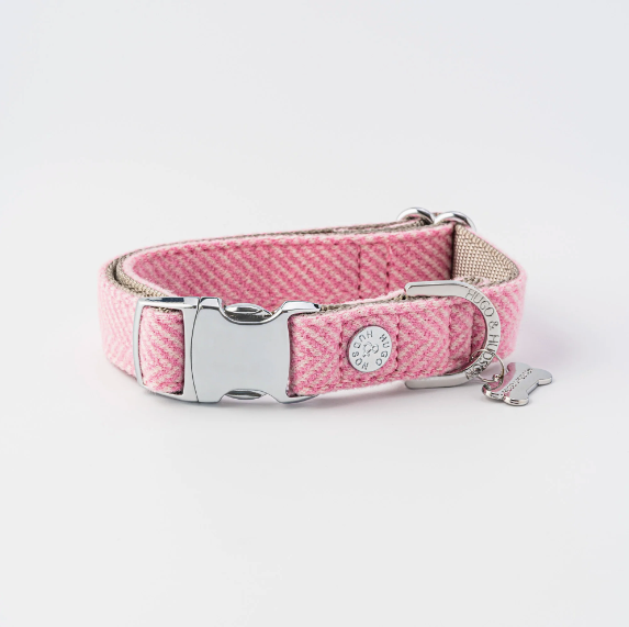 PINK HERRINGBONE TWEED DOG COLLAR